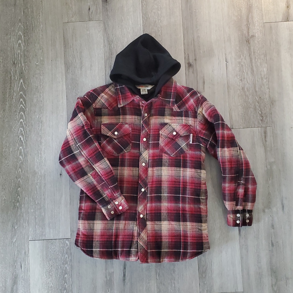 Youth Lined Plaid Hooded Shirt Jacket Snap Button